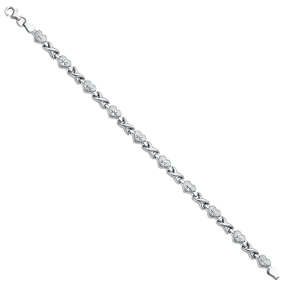 14K White Gold Diamond Cut Heart and X Design Women's Bracelet size 7.25"