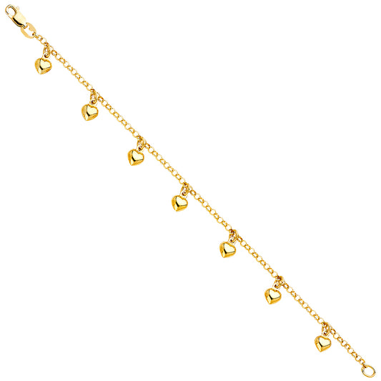 14K Yellow Gold Woman’s Heart Dangle Bracelet