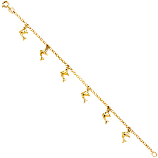 14K Yellow Gold Woman’s Dolphin Charm Bracelet