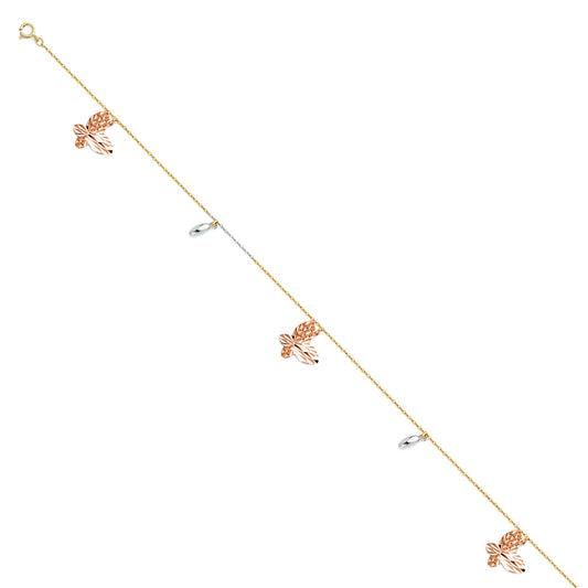 14K Tri-Color Woman's Butterfly Charm Anklet