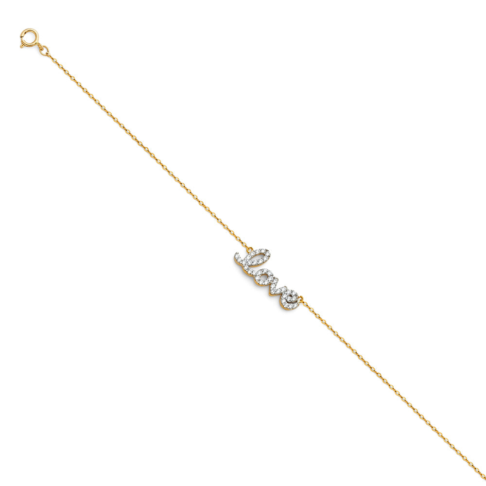 14K Two-Tone Gold Woman’s Love Script Bracelet with CZ Accents