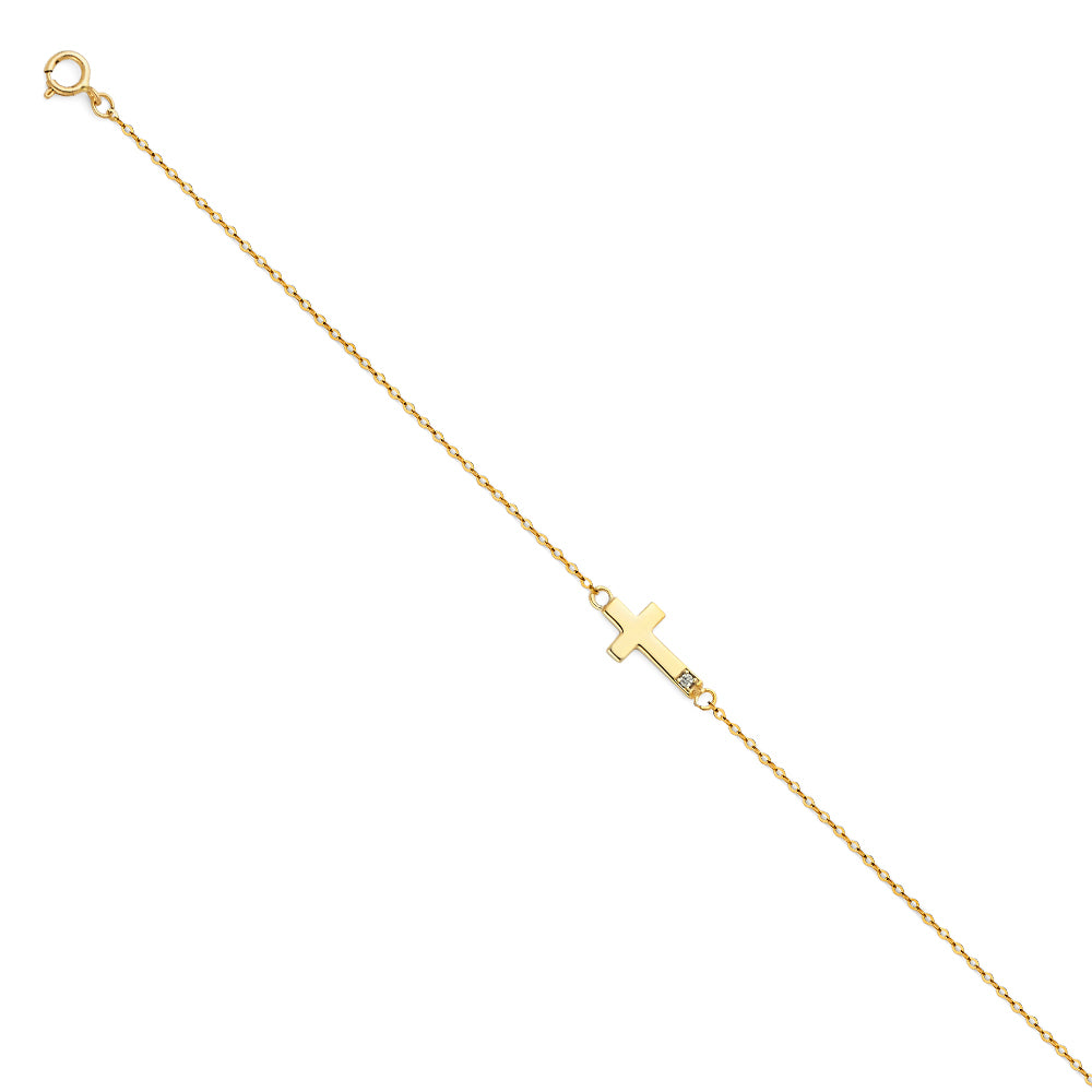 14K Yellow Gold Woman’s Cross Bracelet accented with CZ Stones