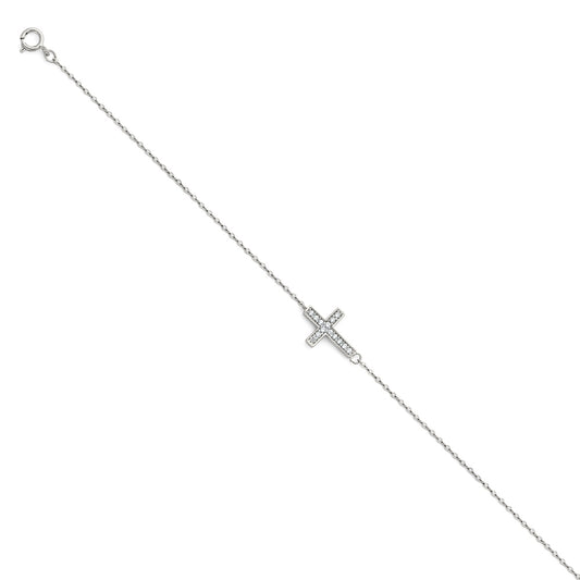 14K White Gold Woman’s Cross Bracelet accented with CZ Stones