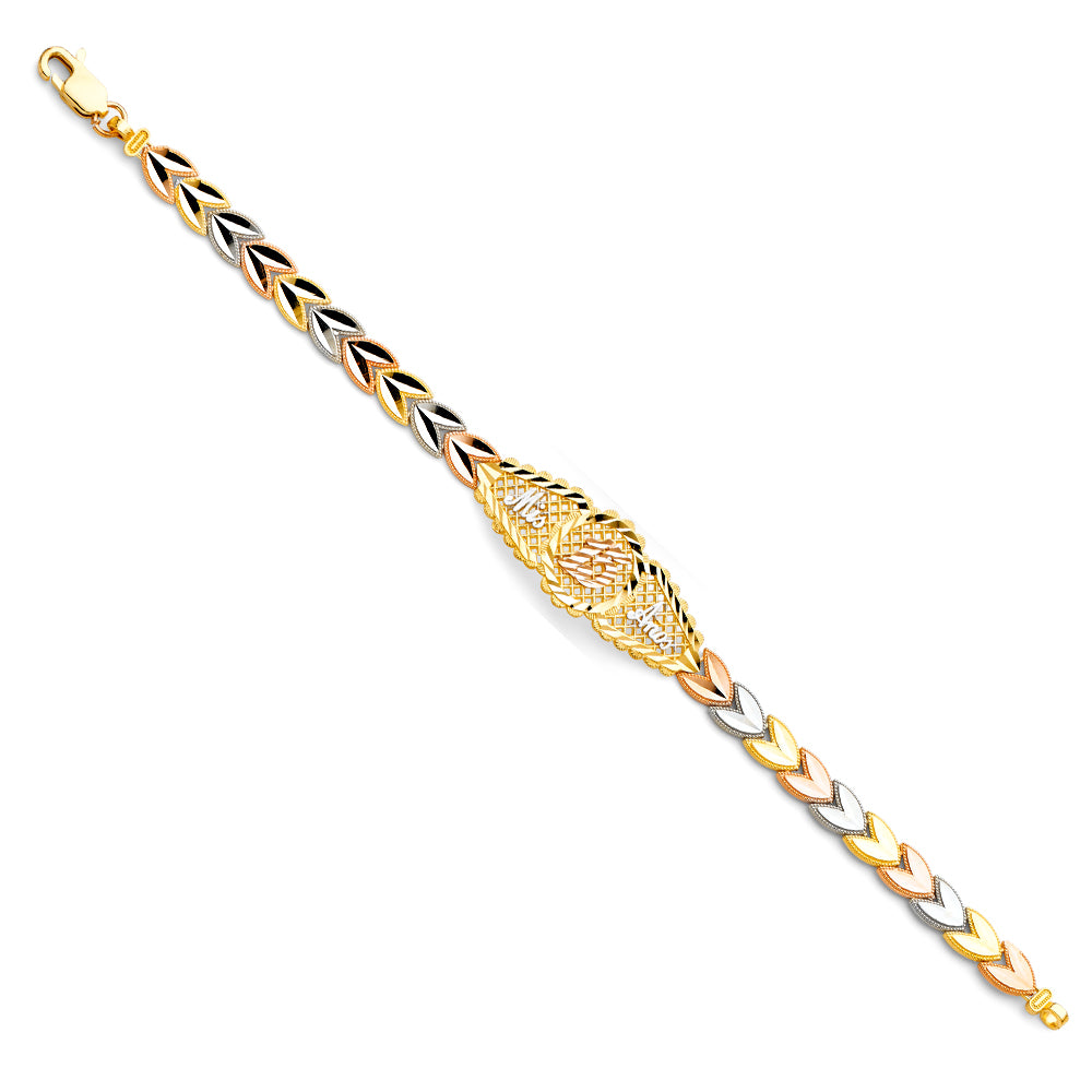 14K Tri-Color Gold Mis 15 Años Bracelet with Leaf Link Design