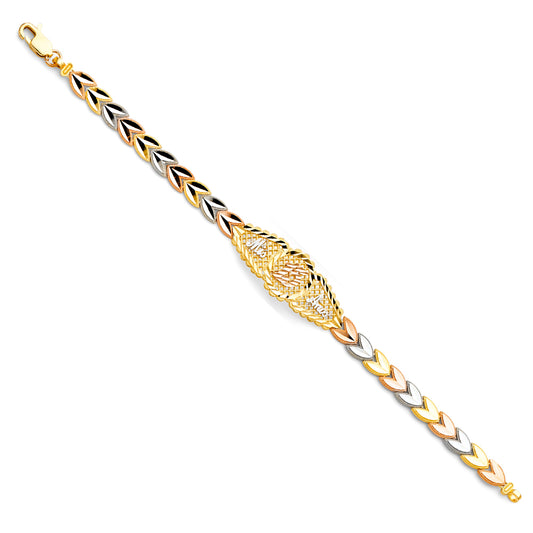 14K Tri-Color Gold Mis 15 Años Bracelet with Leaf Link Design