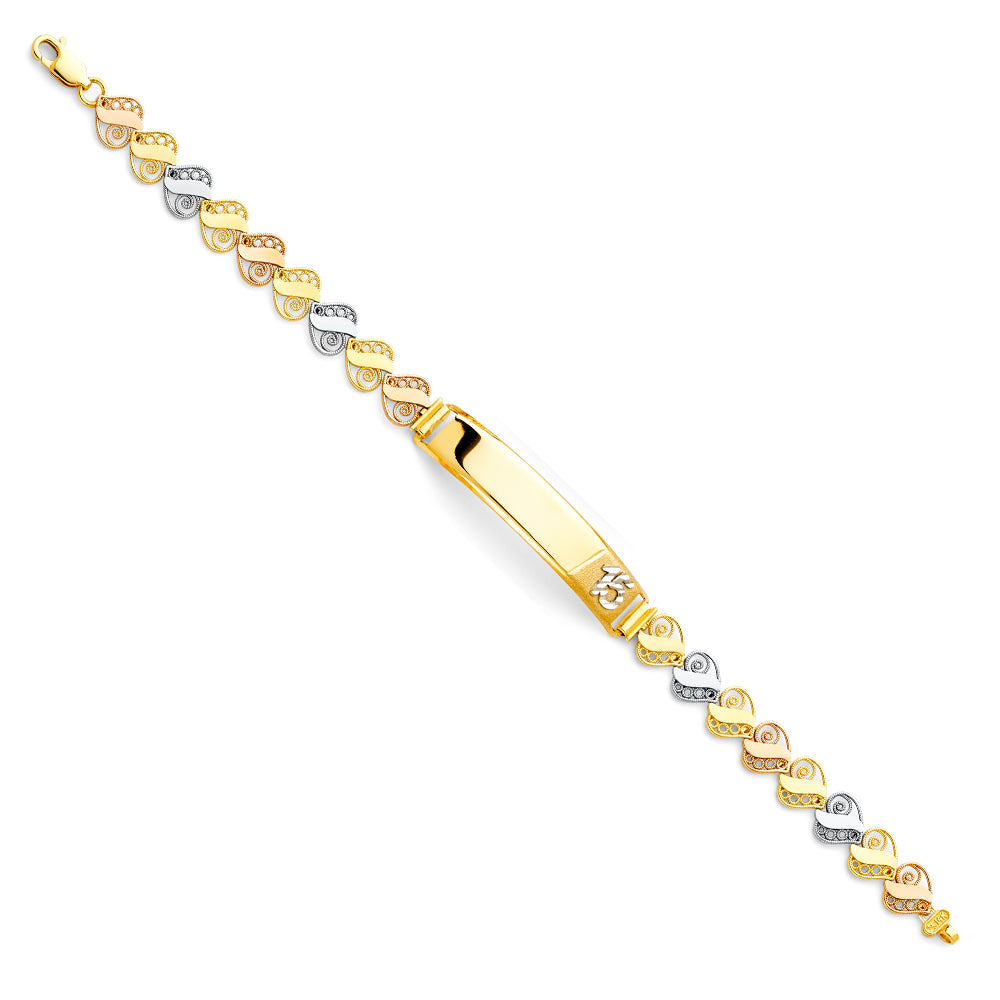 14K Tri-Color Gold Quinceañera ID Bracelet with Number “15” Accent and Heart Filigree Links