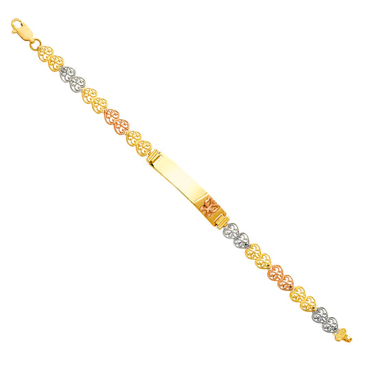14K Tri-Color Gold Children’s Filigree Heart Link ID Bracelet