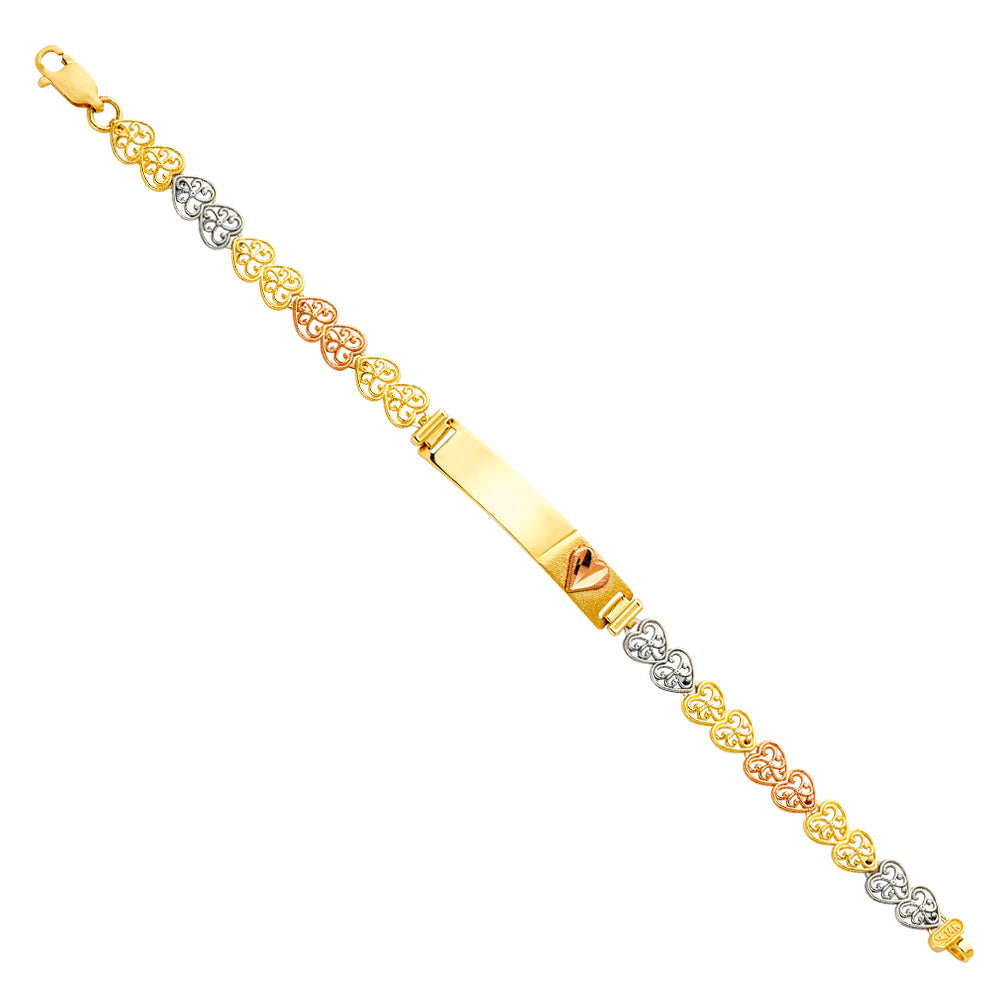 14K Tri-Color Gold Children’s Filigree Heart Link ID Bracelet