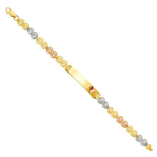 14K Tri-Color Gold Children’s Filigree Heart Link ID Bracelet