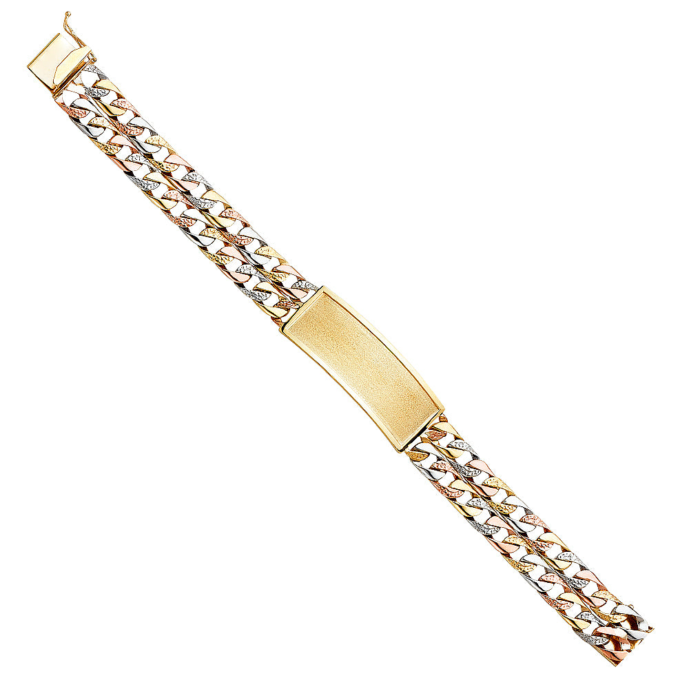 14K Tri-Color Gold 2-Line Cuban ID Plate Men’s Bracelet-15.5mm Wide total width of the combined chains
