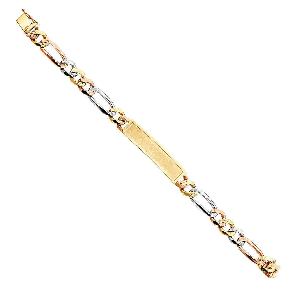 14K Tri-Color Gold Figaro ID Plate Men's Bracelet-9.5mm Wide
