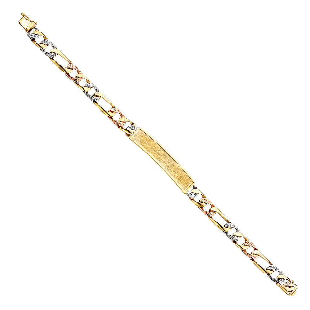 14K Tri-Color Gold Figaro Link Men’s ID Plate Bracelet-7.5mm Wide