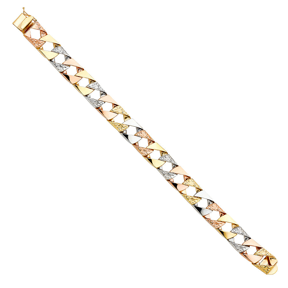 14K Tri-Color Gold Cuban Link Men’s Bracelet-12mm Wide
