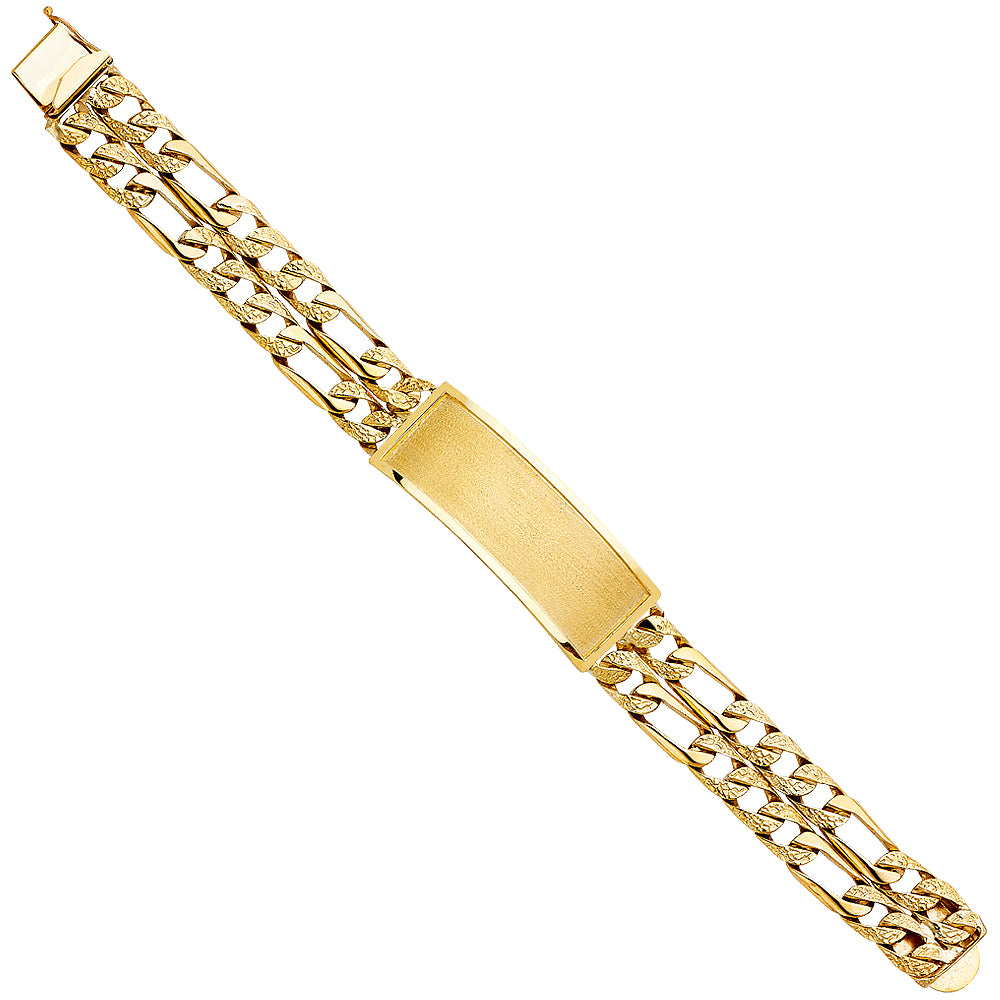 14K Yellow Gold 2-Line Figaro Link ID Plate Men's Bracelet-15.5mm Wide total width of the combined chains