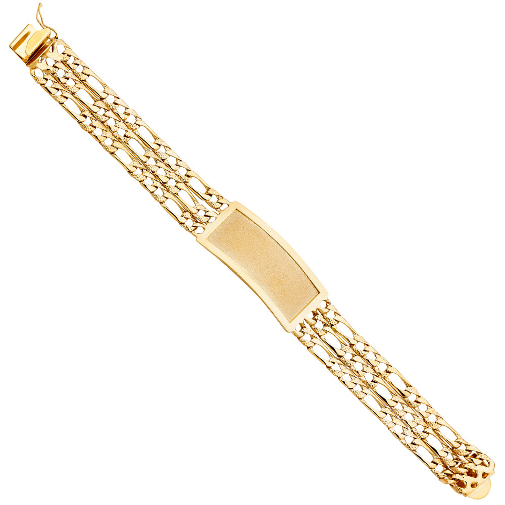 14K Yellow Gold 3-Row Light-Weight Figaro Link Men’s ID Bracelet-17mm Wide total width of the combined chains