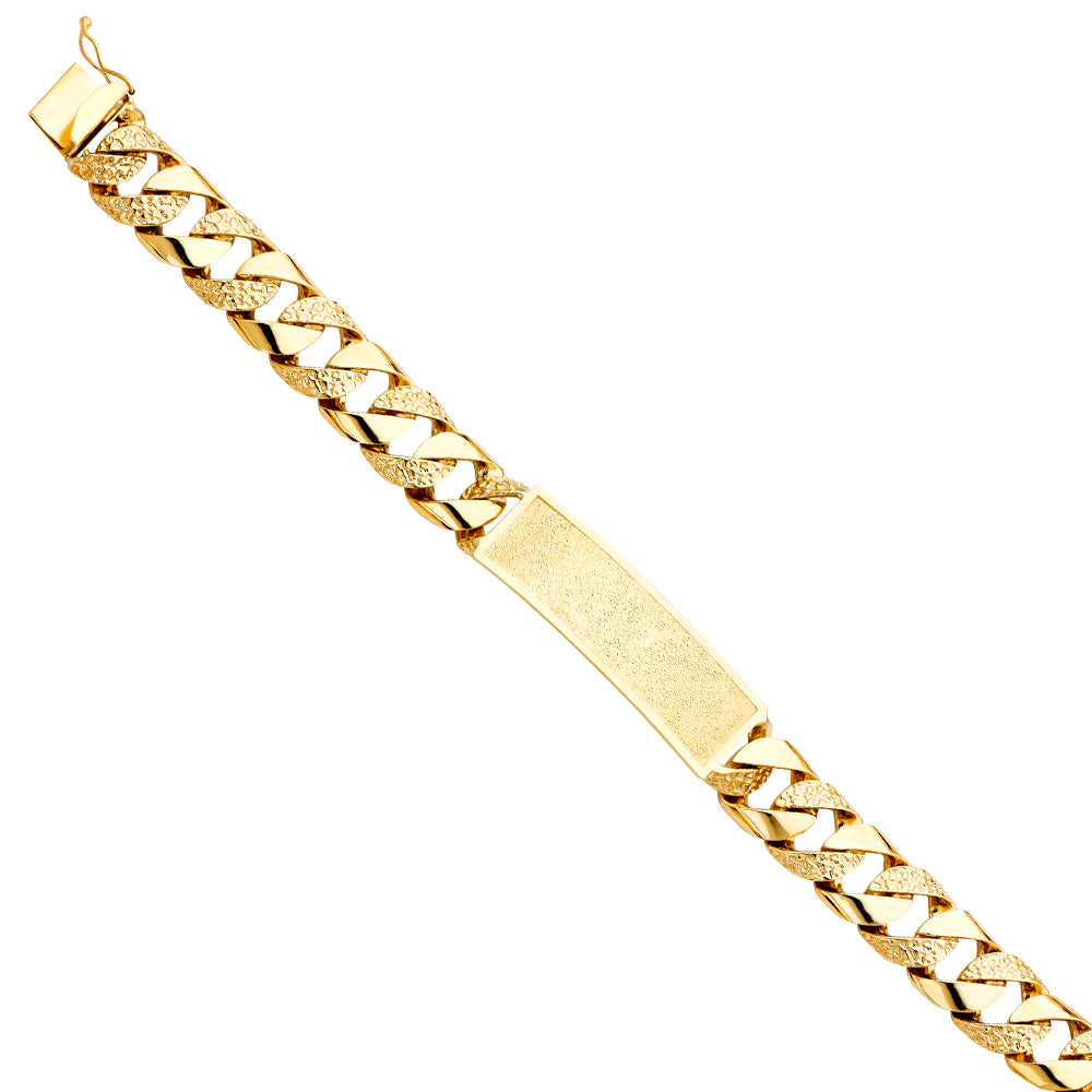 Men’s 14K Yellow Gold Polished/ Nugget Finished Curb Link Framed-ID Bracelet-15.5mm Wide