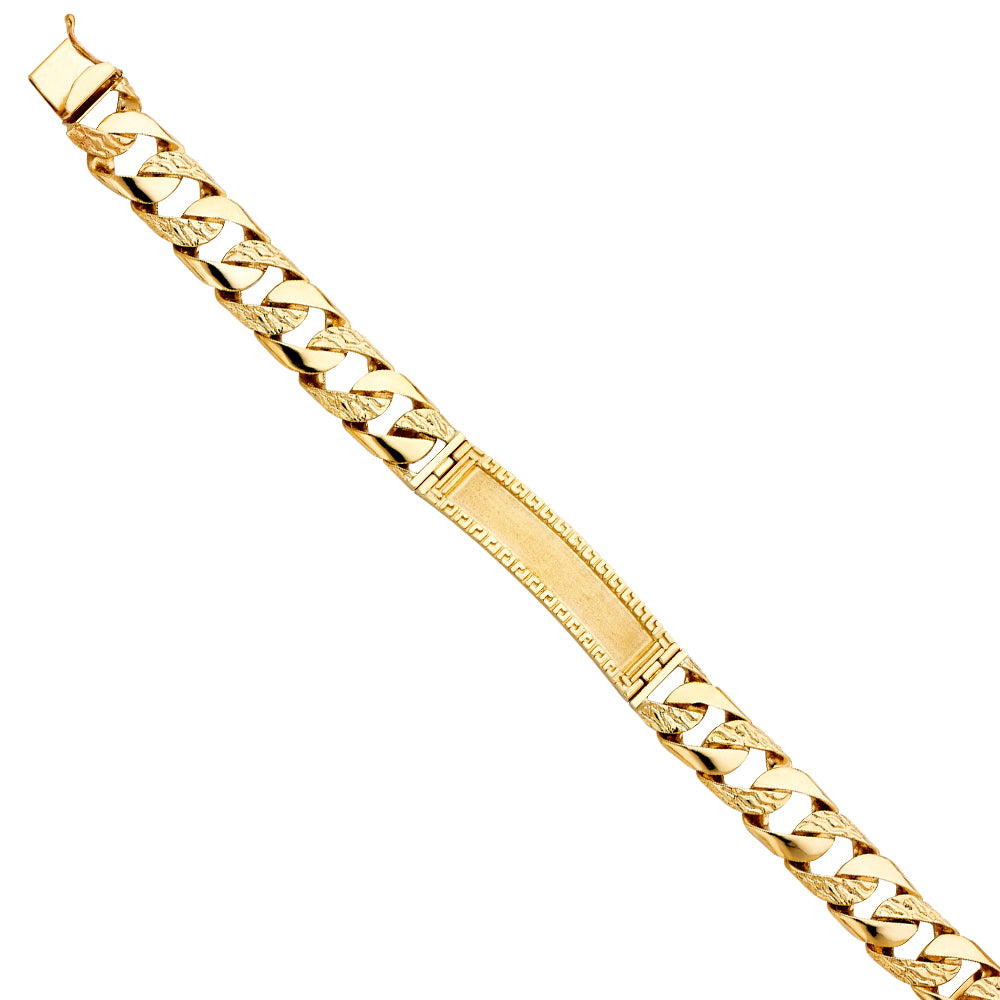 Men’s 14K Yellow Gold Polished/ Nugget Finished Curb Link Framed-ID Bracelet-13mm Wide