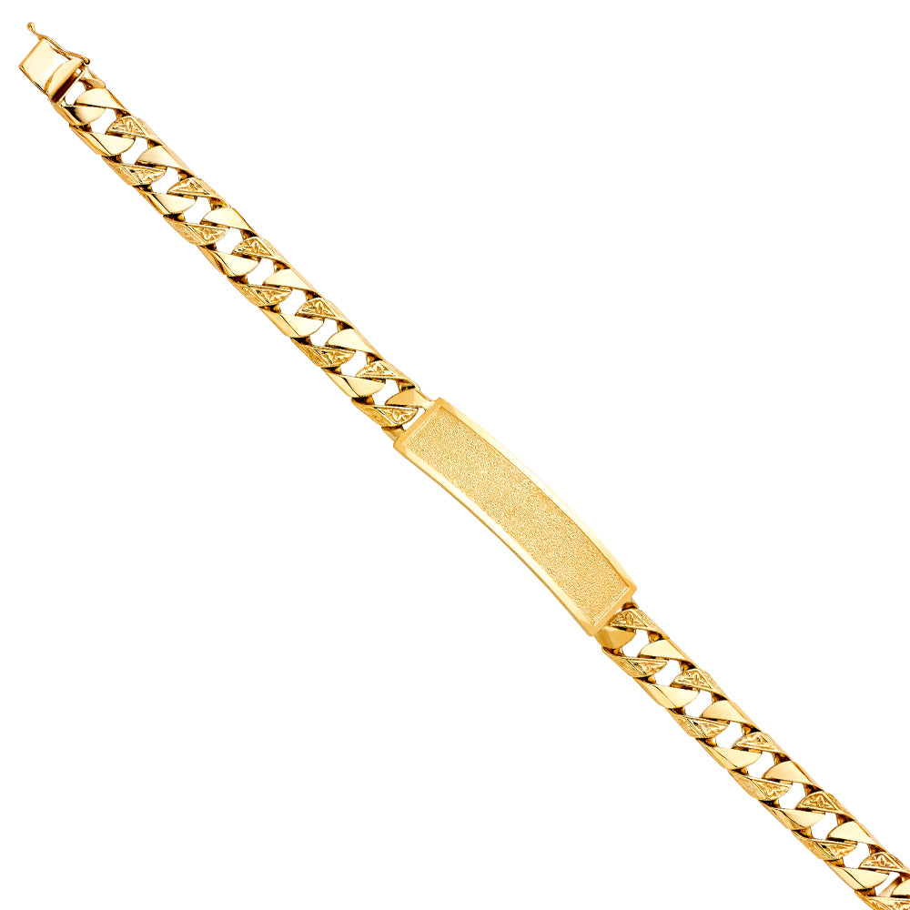 Men’s 14K Yellow Gold Polished/ Nugget Finished Curb Link Framed-ID Bracelet-10mm Wide