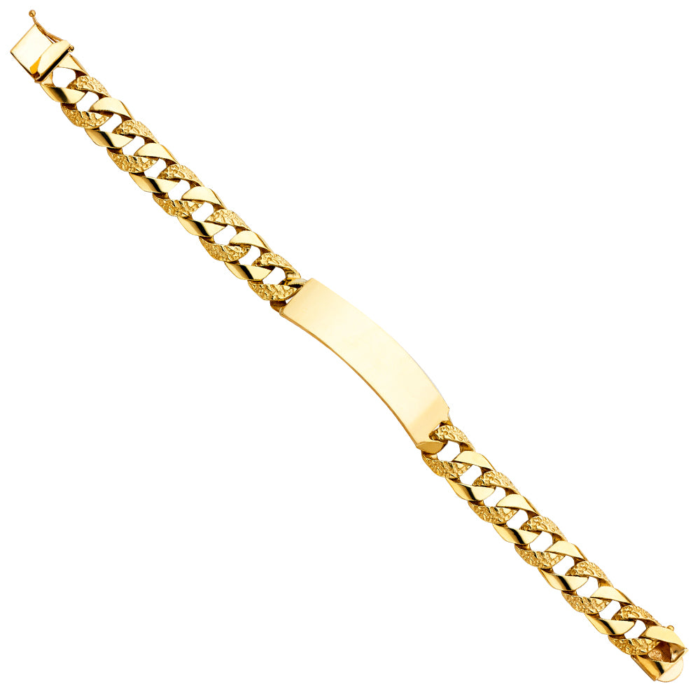 14K Yellow Gold Men’s Polish / Nugget Finished Curb Link ID Plate Bracelet-11.5mm Wide