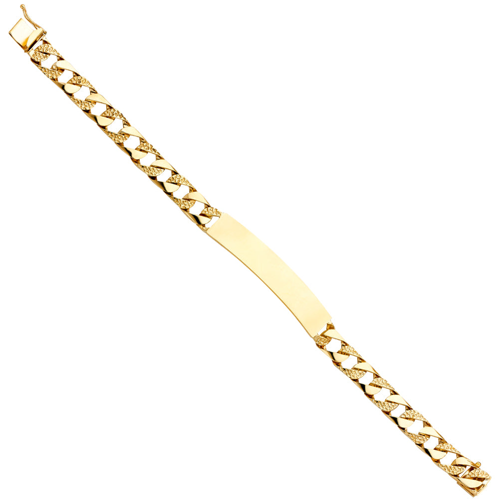 14K Yellow Gold Men’s Polish / Nugget Finished Curb Link ID Plate Bracelet-8.5mm Wide