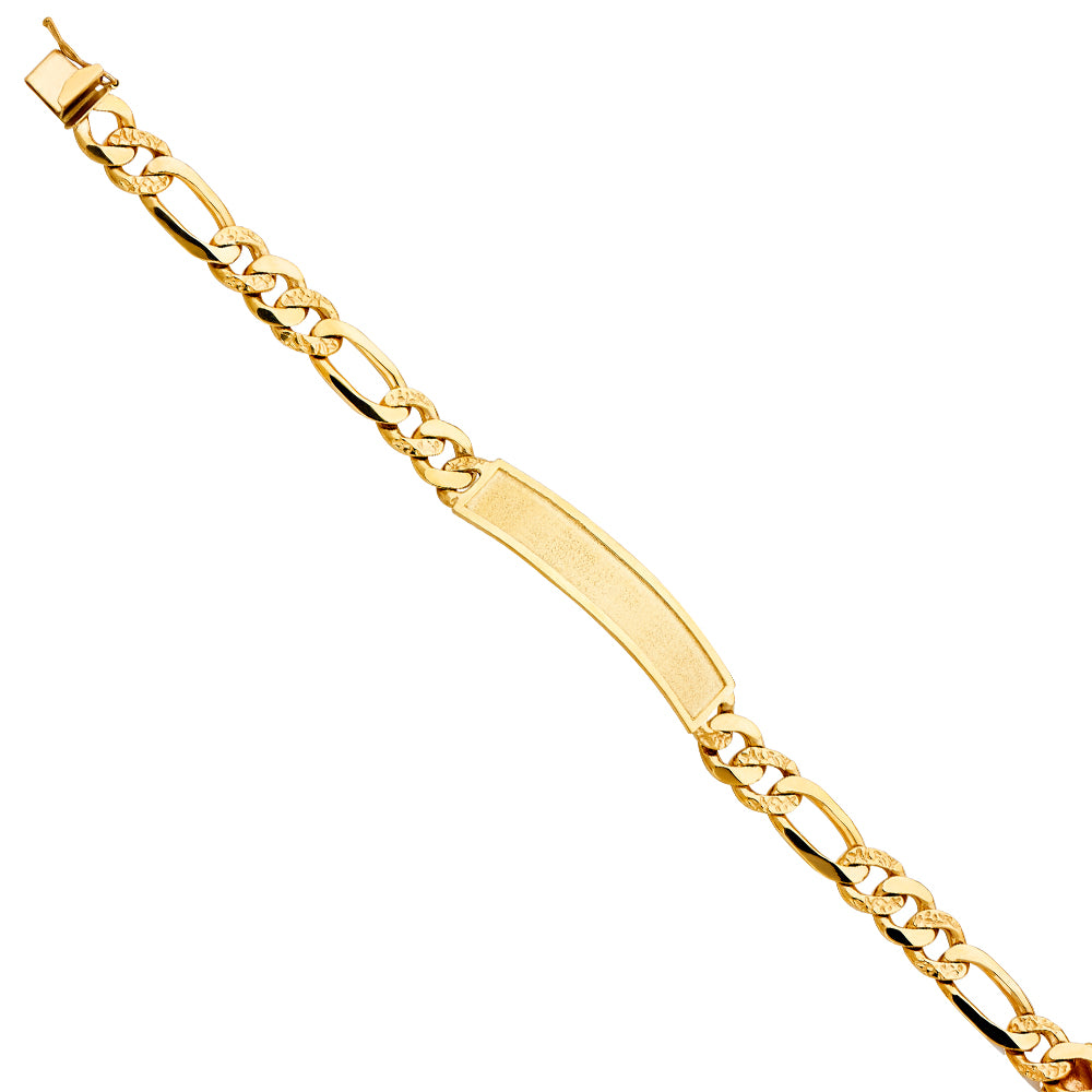 14K Yellow Gold Men’s Figaro Link Sandblast ID Plate Bracelet-9.5mm Wide