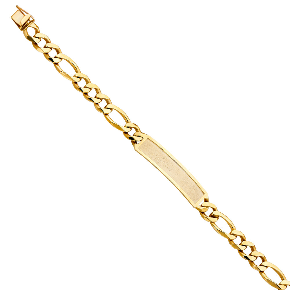 14K Yellow Gold Men’s Figaro Link Sandblast ID Plate Bracelet-9.5mm Wide