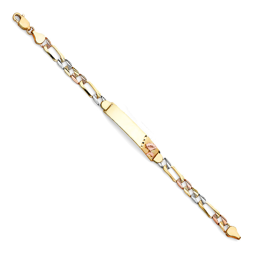 14K Tri-Color Gold Figaro Link ID Bracelet with Rose Accent