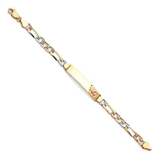 14K Tri-Color Gold Figaro Link ID Bracelet with Rose Accent