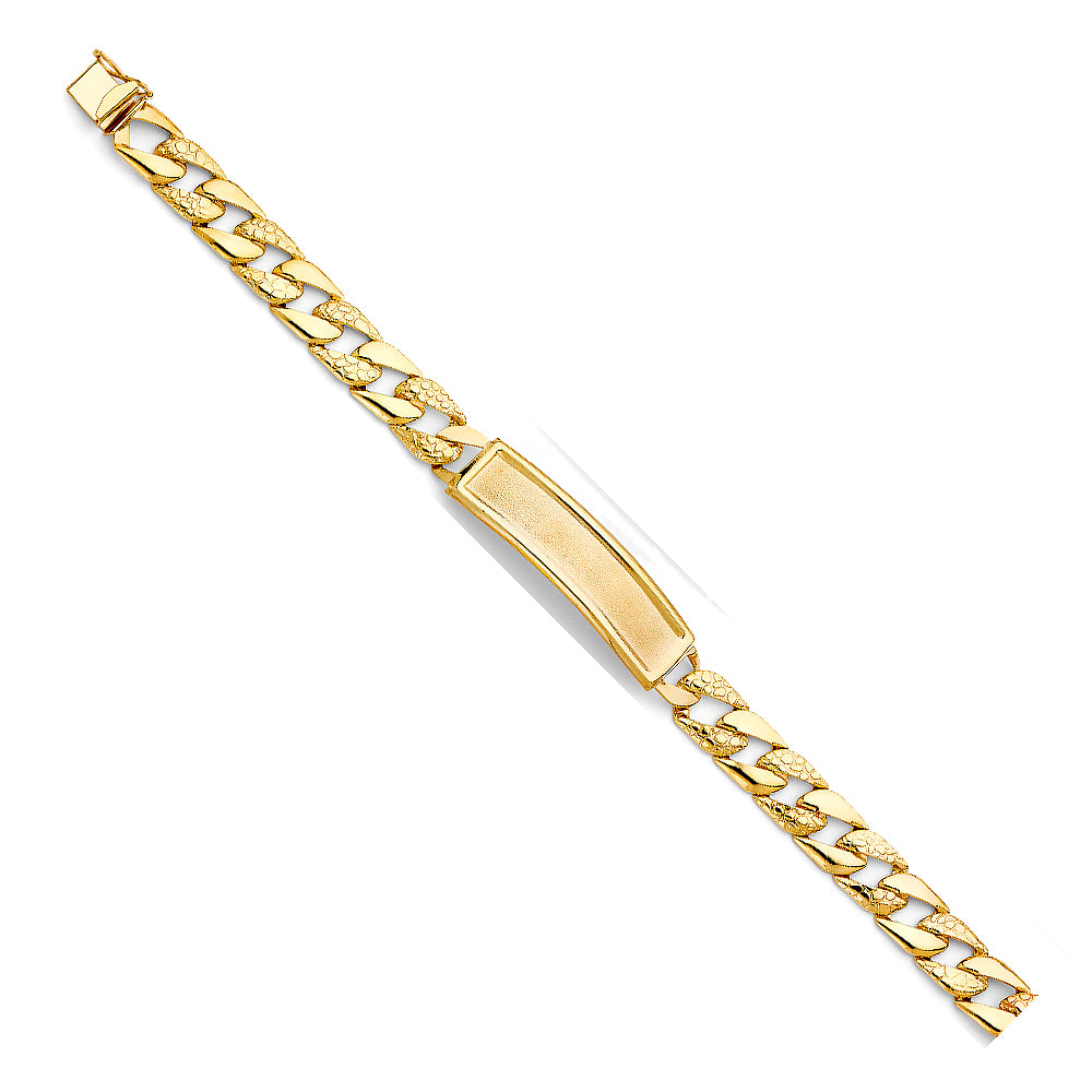 14K Yellow Gold Polished / Nugget Light-Weight Cuban Curb Link Men’s ID Bracelet 10.5mm Wide