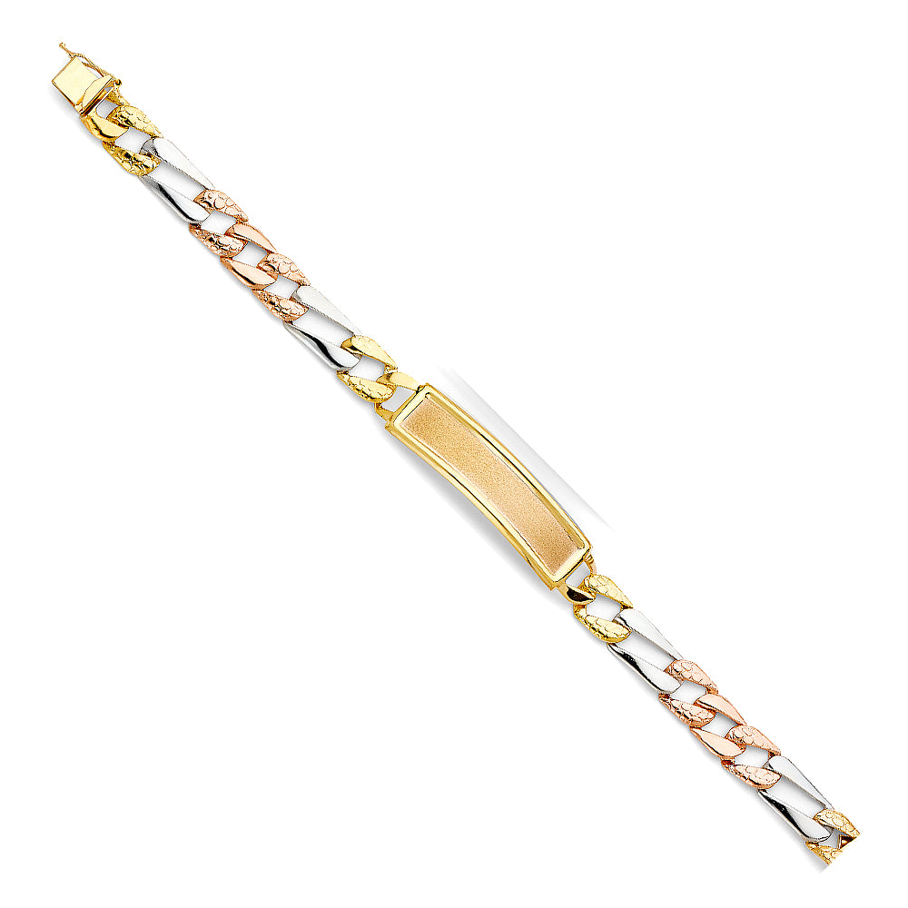 14K Tri-Color Gold Light-Weight Figaro Link Men’s ID Bracelet 10.5mm Wide