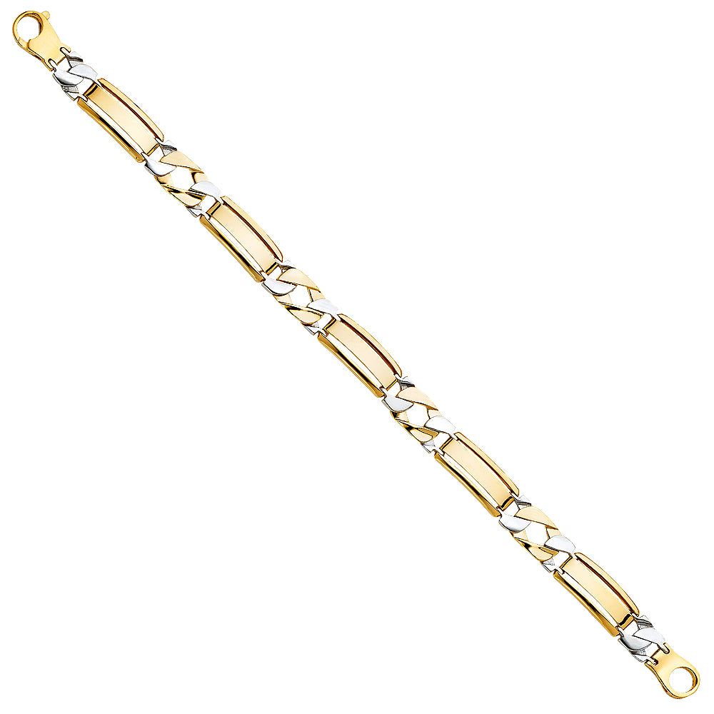 14K Two-Tone Gold Men’s Curved Bar Link Bracelet 9mm Wide