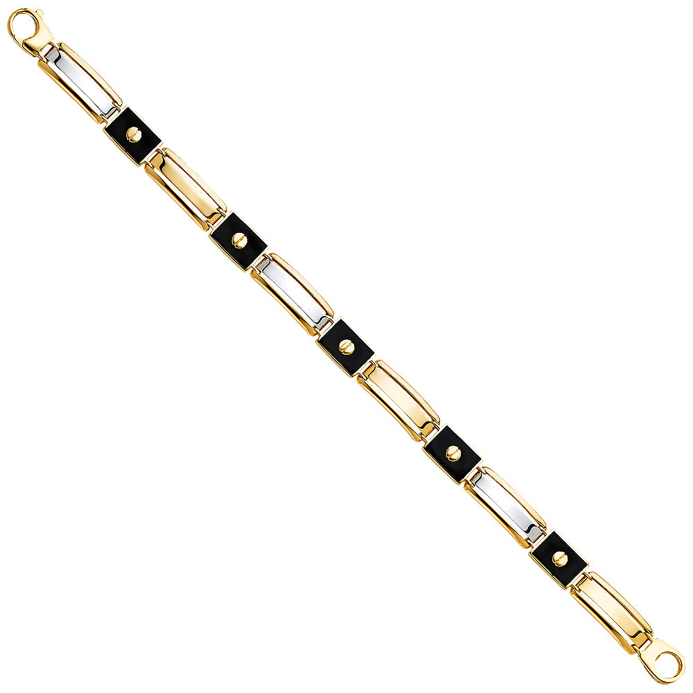 14K Two-Tone Gold Men’s Black Onyx Screw Desing Link Bracelet 8mm Wide