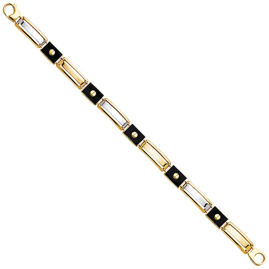 14K Two-Tone Gold Men’s Black Onyx Screw Desing Link Bracelet 8mm Wide
