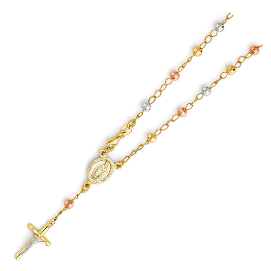 4.0mm 14K Tri-Color Gold Mirrorball DC Rosary Bracelet with Virgin Guadalupe Medallion 7.25 in