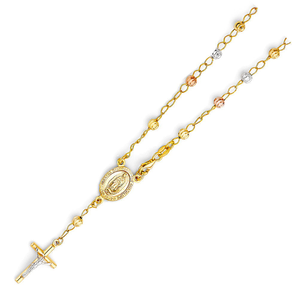 4.0mm 14K Tri-Color Gold Moon Cut Rosary Bracelet with Virgin Guadalupe Medallion 7.25 in