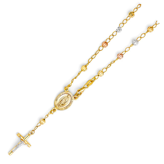 4.0mm 14K Tri-Color Gold Moon Cut Rosary Bracelet with Virgin Guadalupe Medallion 7.25 in