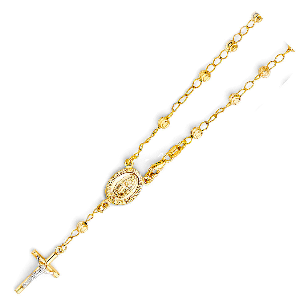4.0mm 14K Yellow Gold Moon Cut Rosary Bracelet with Virgin Guadalupe Medallion 7.25 in