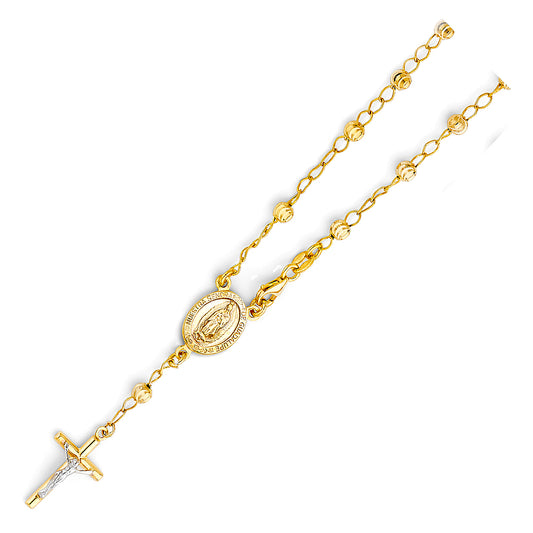 4.0mm 14K Yellow Gold Moon Cut Rosary Bracelet with Virgin Guadalupe Medallion 7.25 in
