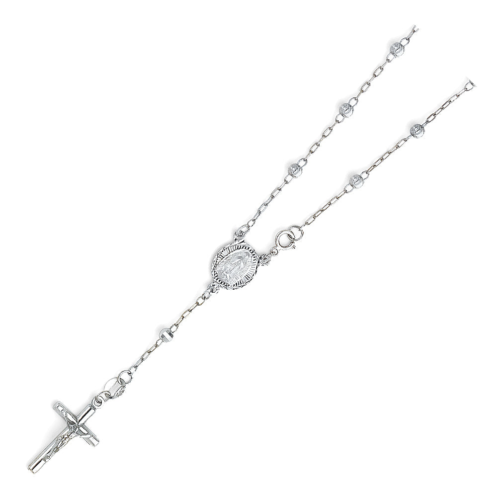 3.0mm 14K White Gold Moon Cut Rosary Bracelet with Miraculous Virgin Medallion 7.25 in