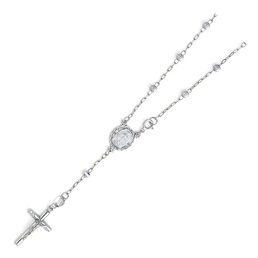 3.0mm 14K White Gold Moon Cut Rosary Bracelet with Miraculous Virgin Medallion 7.25 in