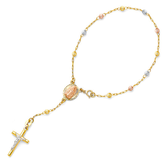 3.0mm 14K Tri-Color Moon Cut Rosary Bracelet with Virgin Guadalupe Medallion 7.25 in