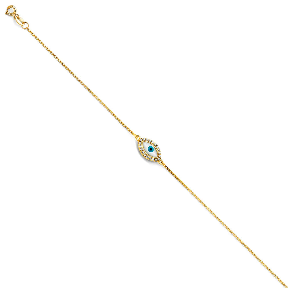 14K Yellow Gold CZ Evil Eye Bracelet 7"+1" Extension