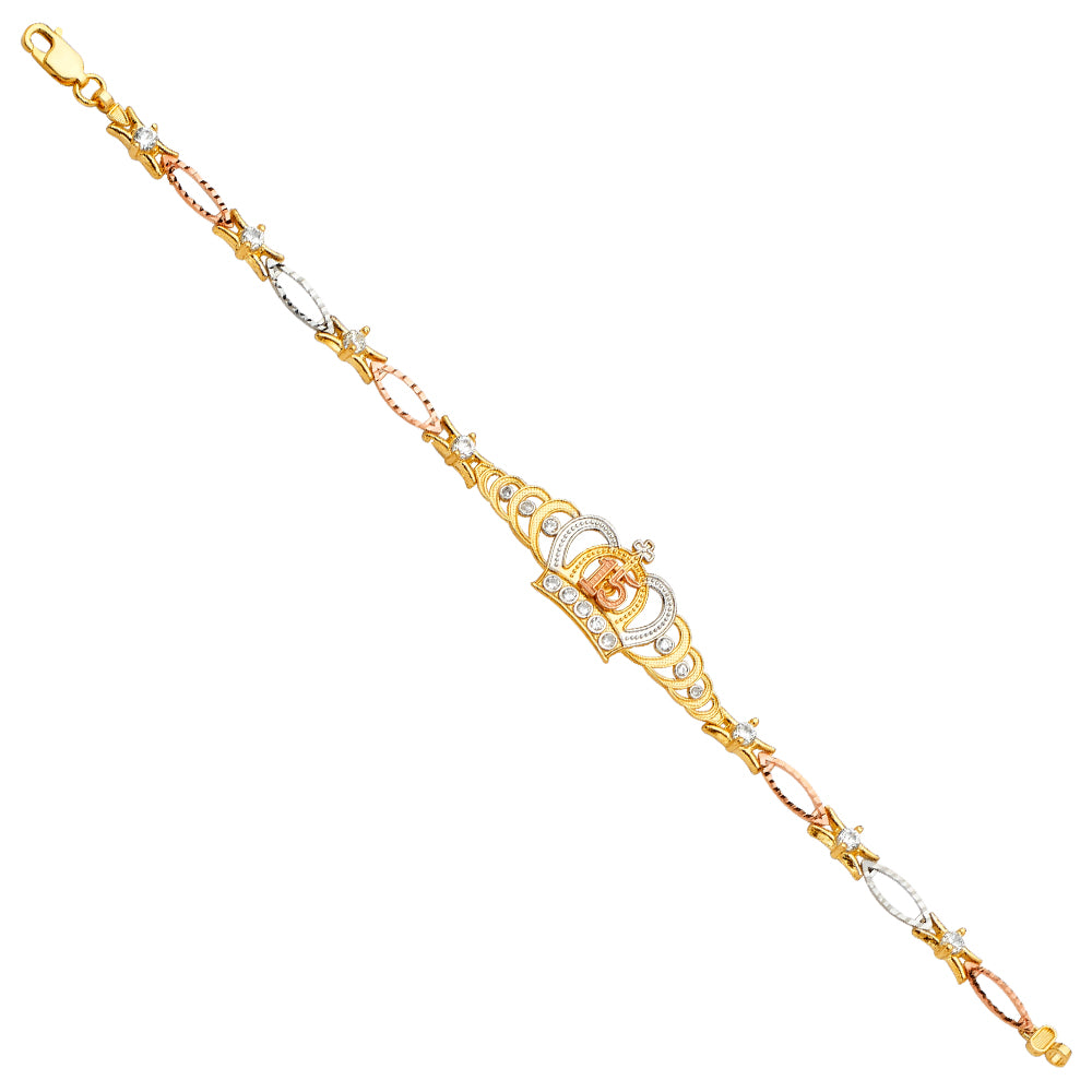 14K Tri-Color Gold Mis 15 Años Crown Bracelet with Star Link Design