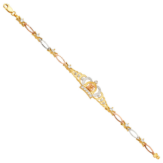14K Tri-Color Gold Mis 15 Años Crown Bracelet with Star Link Design