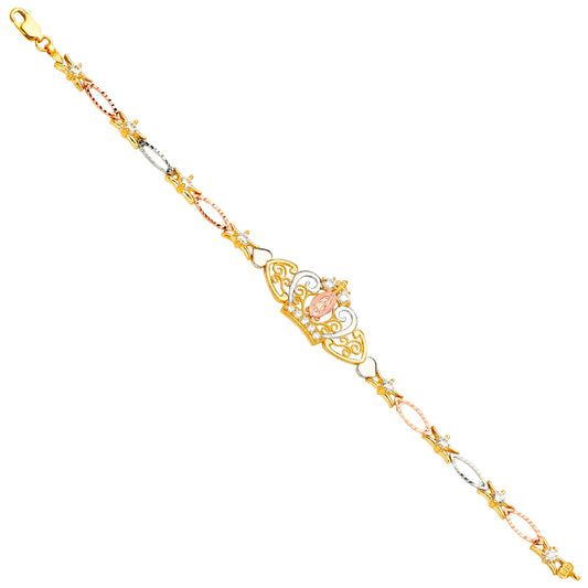 14K Tri-Color Gold Virgen de Guadalupe and Crown Design Bracelet