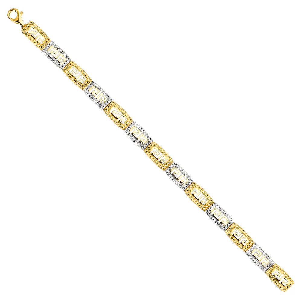 14K Two-Tone Gold Greek Key Diamond Cut Design Women's Bracelet size 7.5"