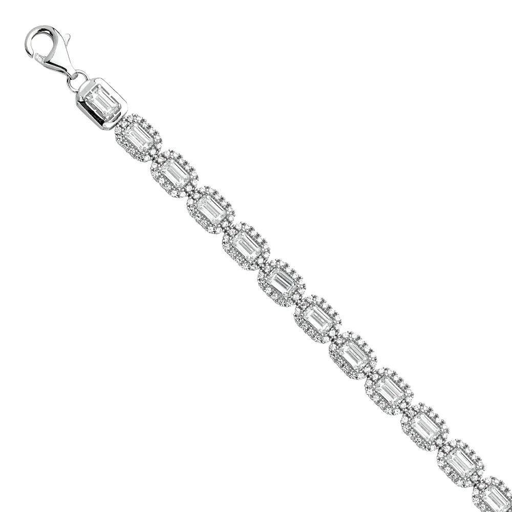 14K White Gold Emerald Cut Halo CZ Women's Bracelet size 7.5"