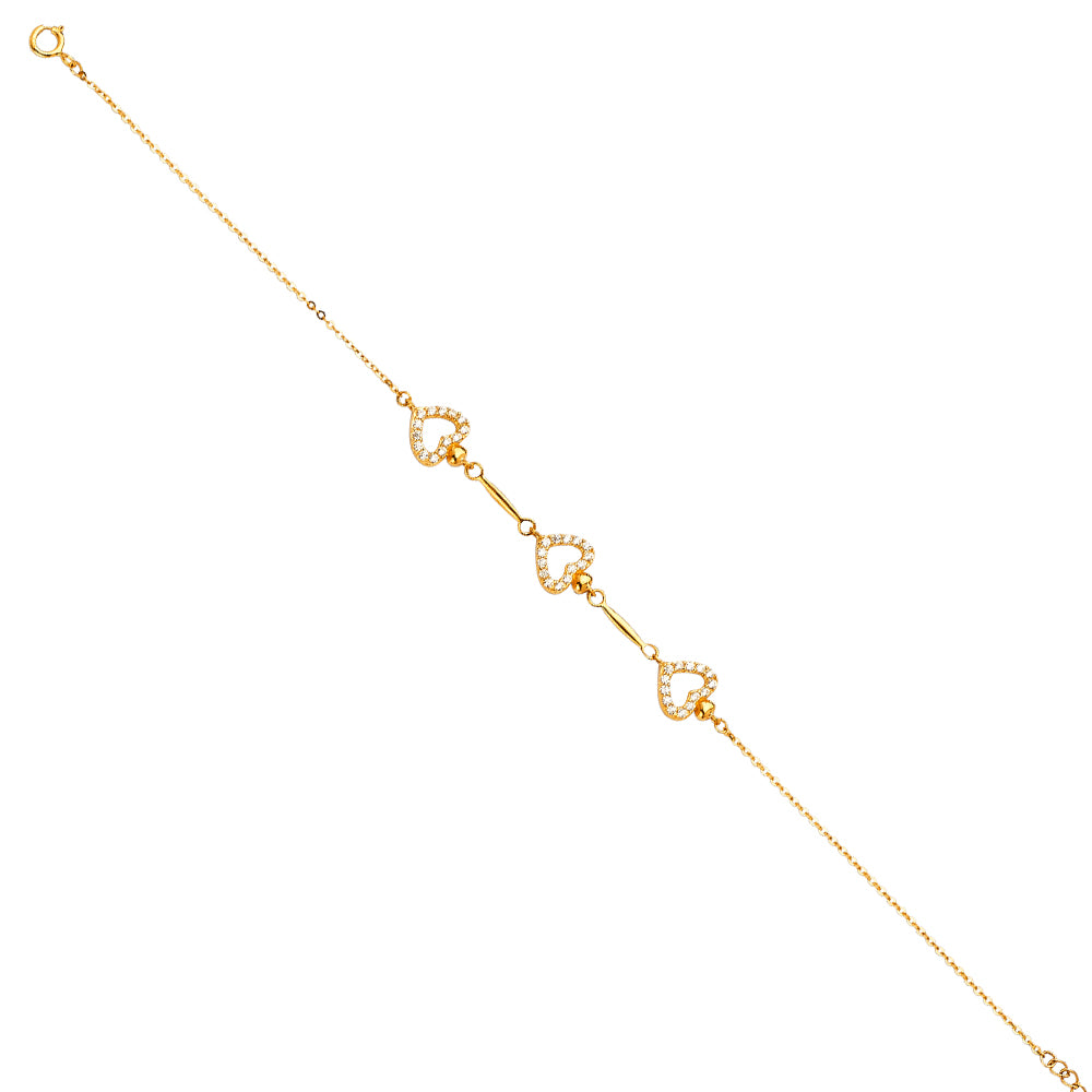 14K Yellow Gold Triple Heart CZ Link Bracelet