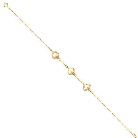 14K Yellow Gold Triple Heart CZ Link Bracelet