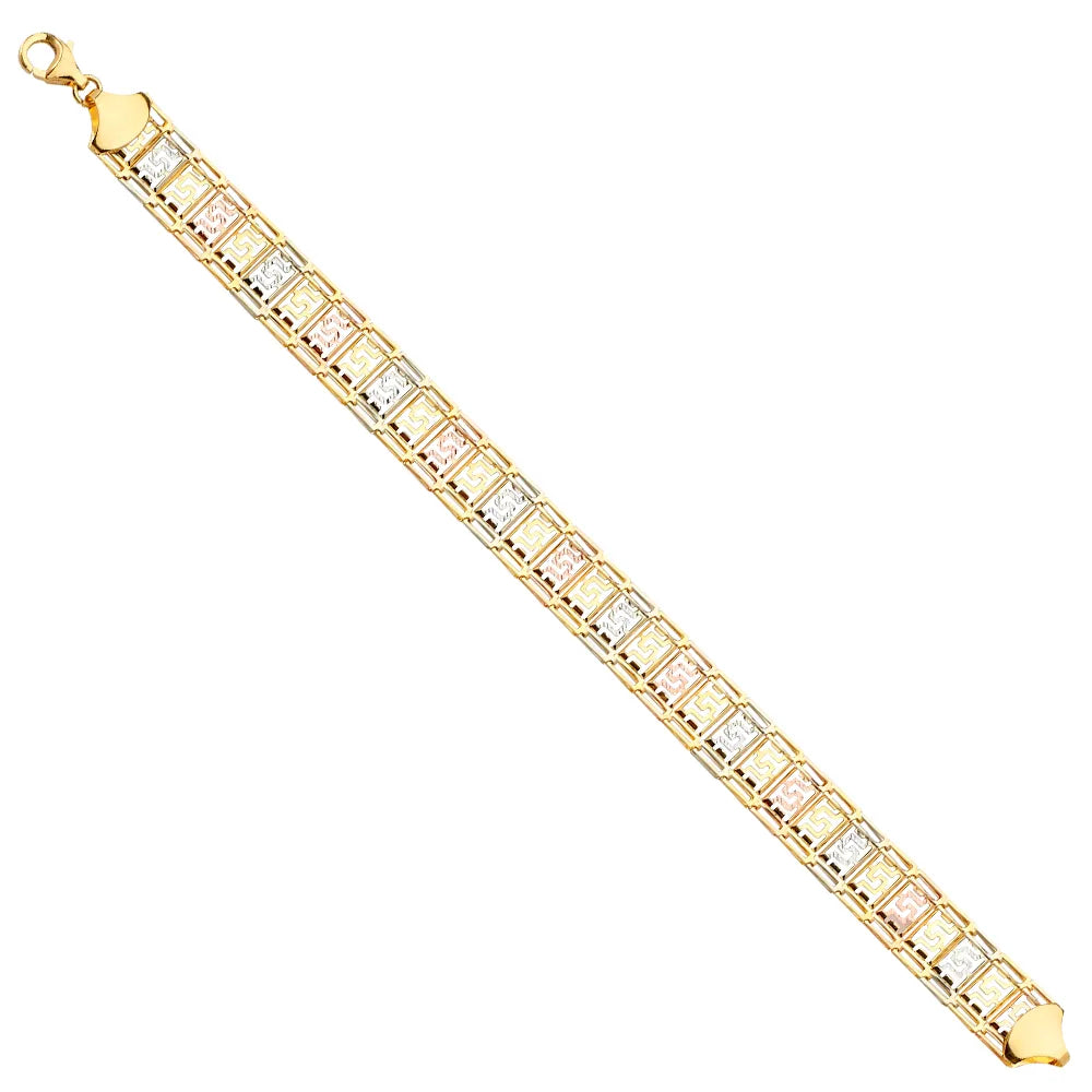 14K Tri-Color Gold Greek Key Link Women's Bracelet Size 7.5"